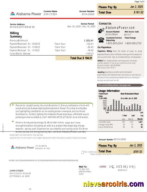 USA Alabama power utility bill